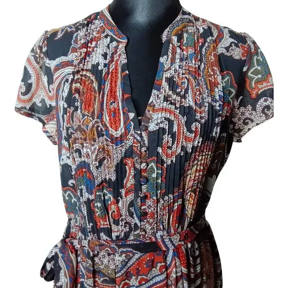 db established 1962 Paisley Tie Waist Pleated Boho Short Sleeve Dress - 14 - Picture 2 of 12